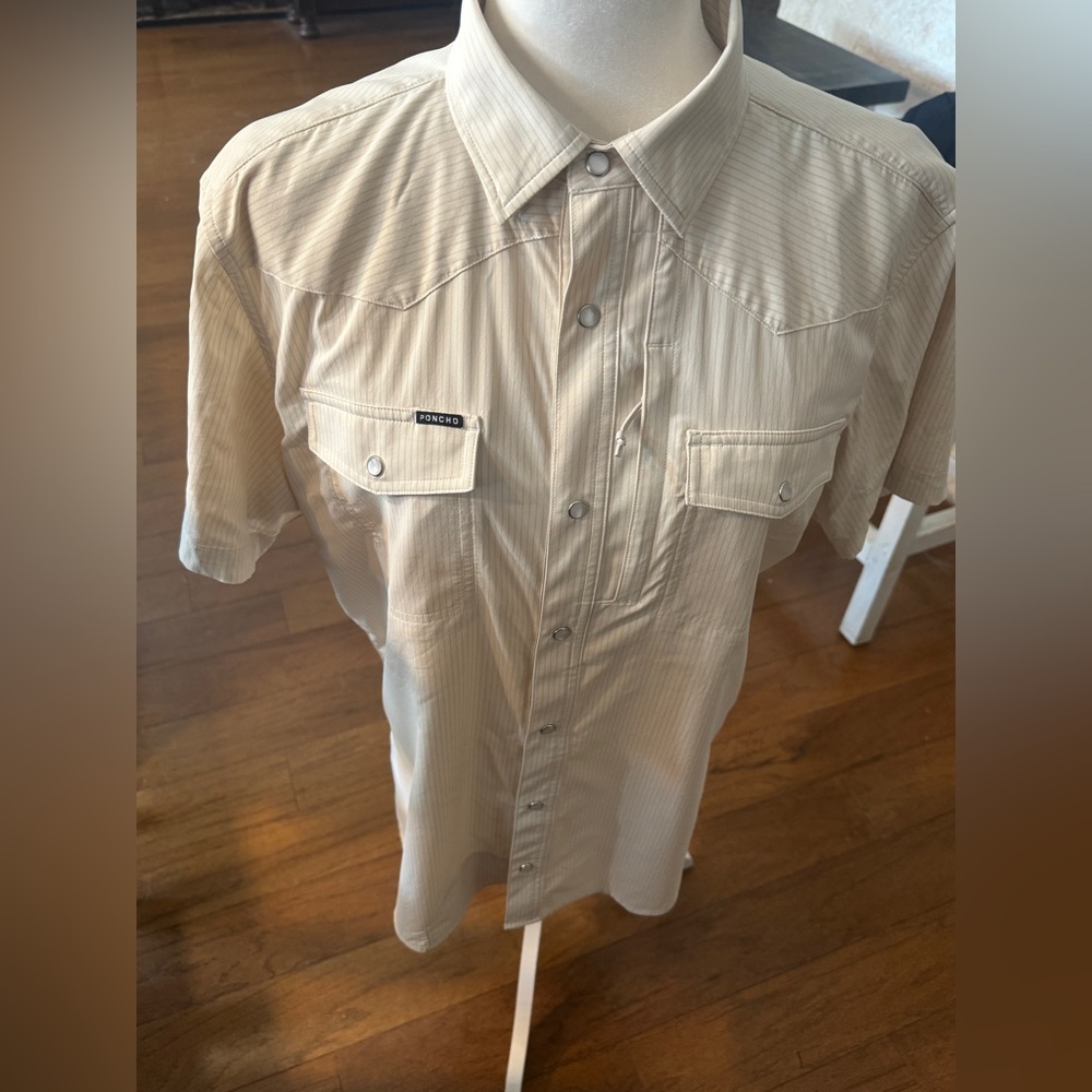 NWOT Poncho Outdoors western pearl snap Men's Tan Short Sleeve Button Down Shirt